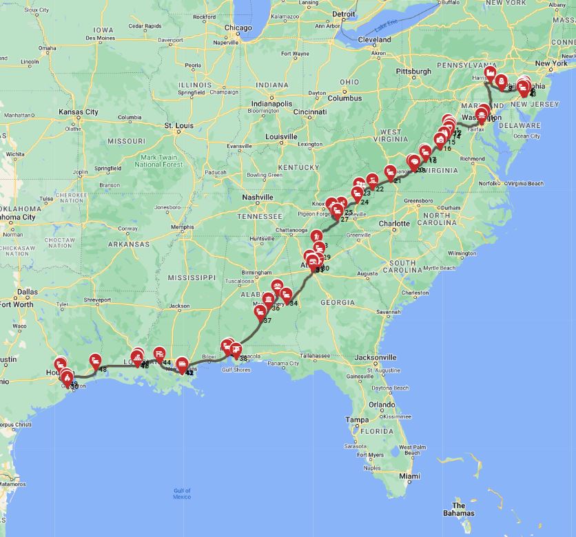 RV route planner USA Philadelphia to Houston motorhome road trip
